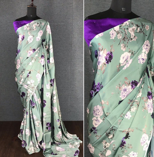 Pista green japan satin digital printed work party wear saree