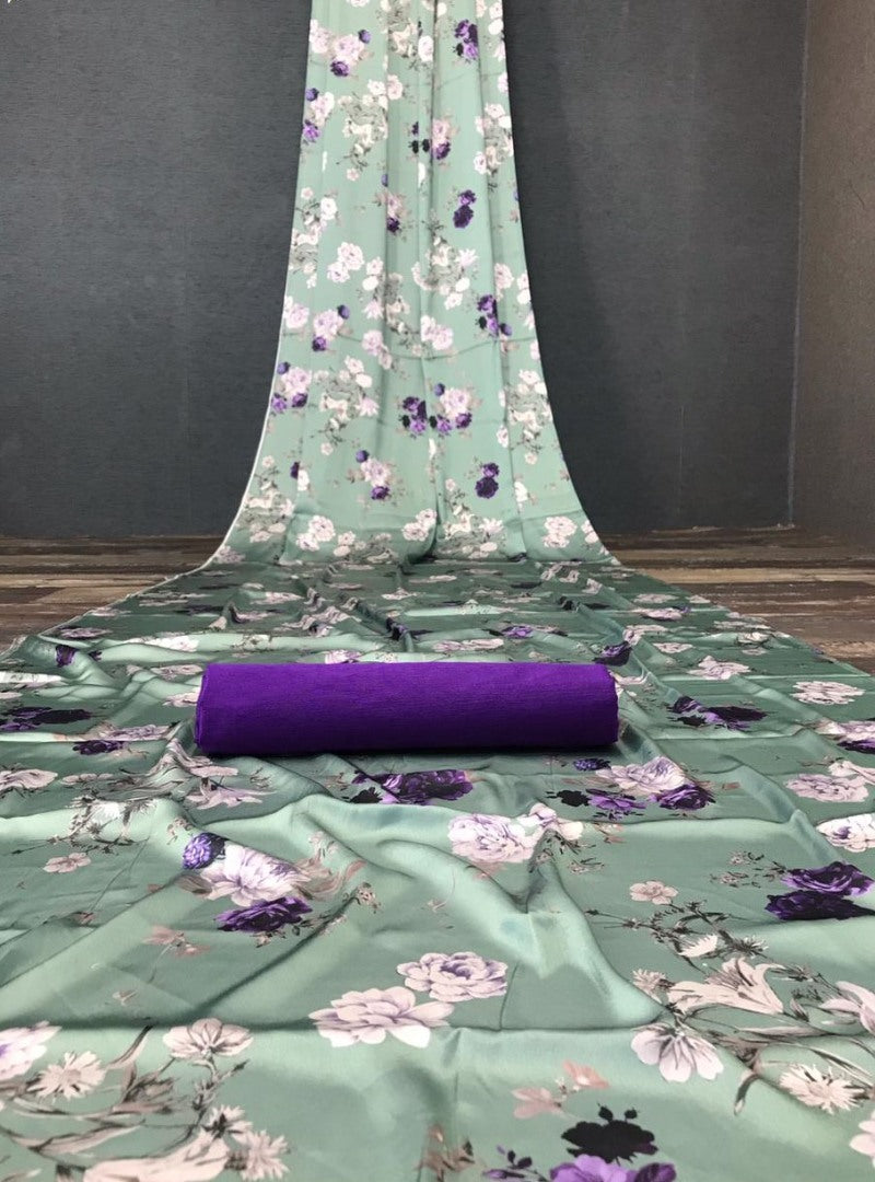 Pista green japan satin digital printed work party wear saree