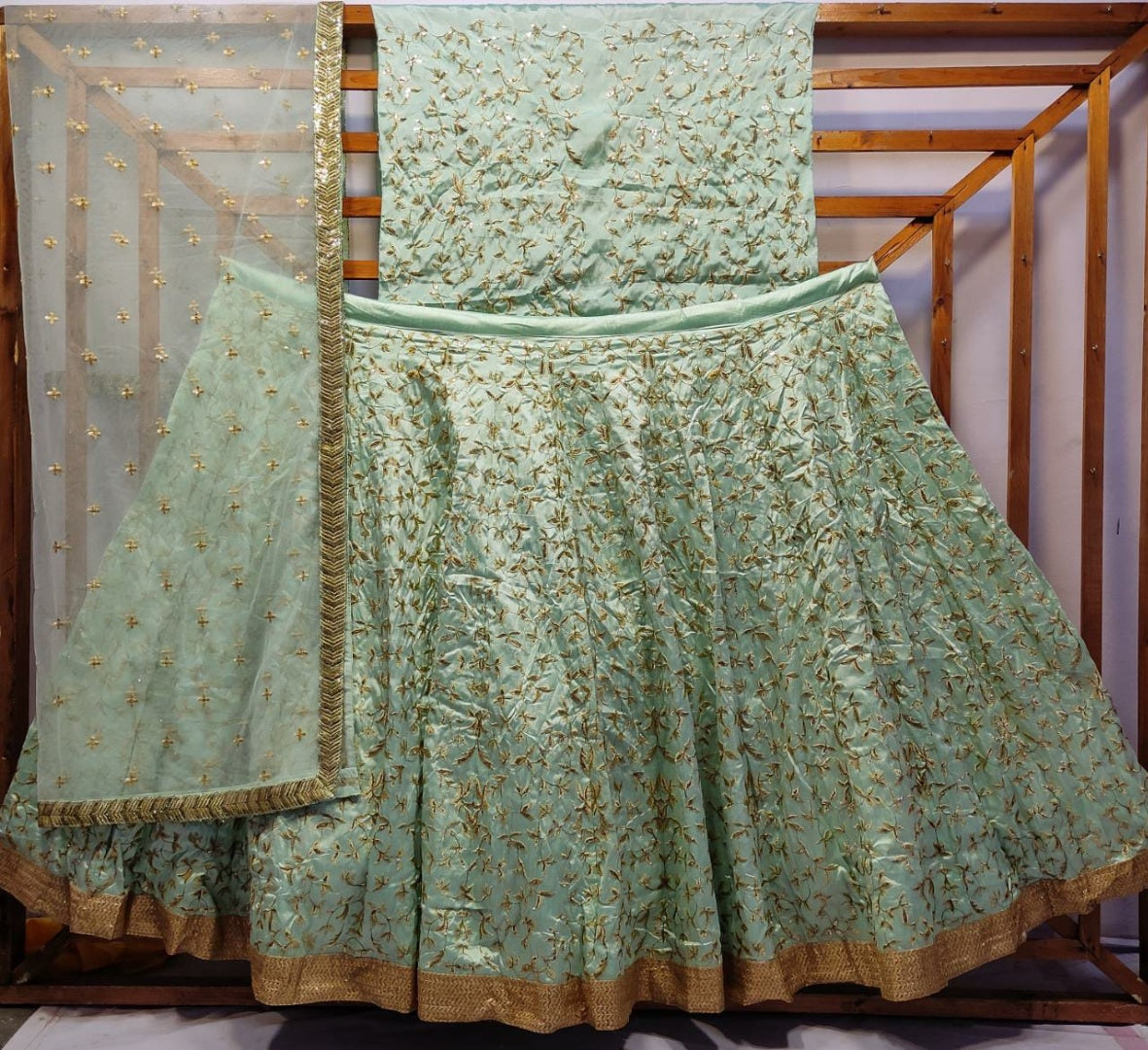 Pista green jorda silk heavy embroidered designer wedding lehenga choli