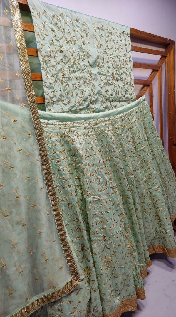 Pista green jorda silk heavy embroidered designer wedding lehenga choli