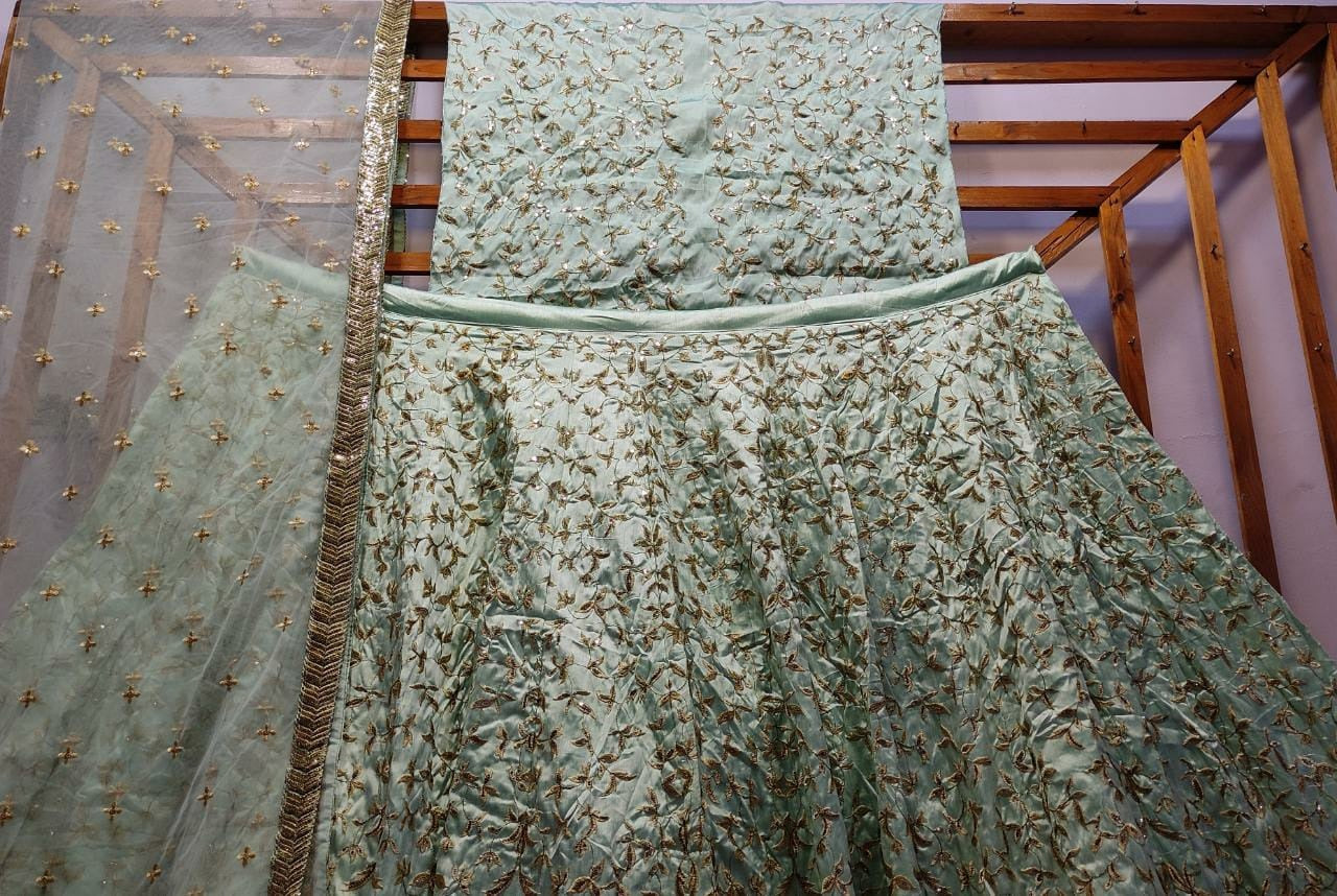 Pista green jorda silk heavy embroidered designer wedding lehenga choli
