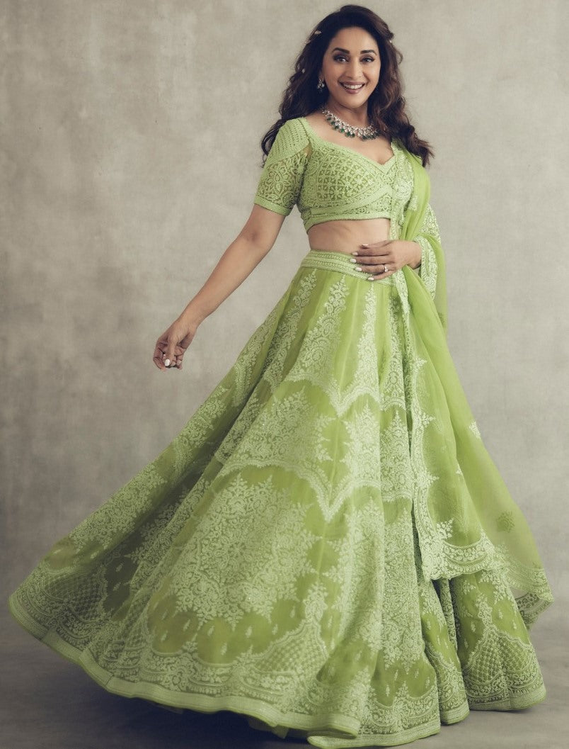Pista green khadi organza silk chain stick jari work lehenga choli