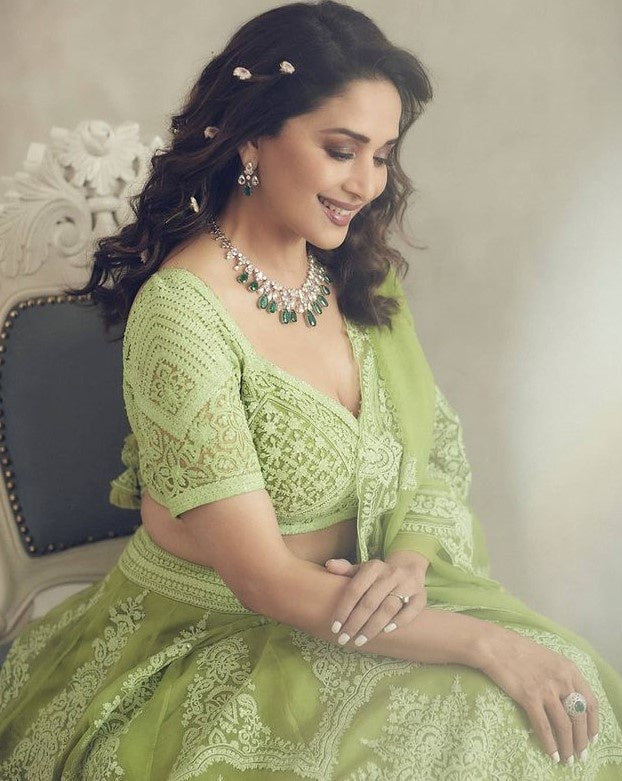 Pista green khadi organza silk chain stick jari work lehenga choli