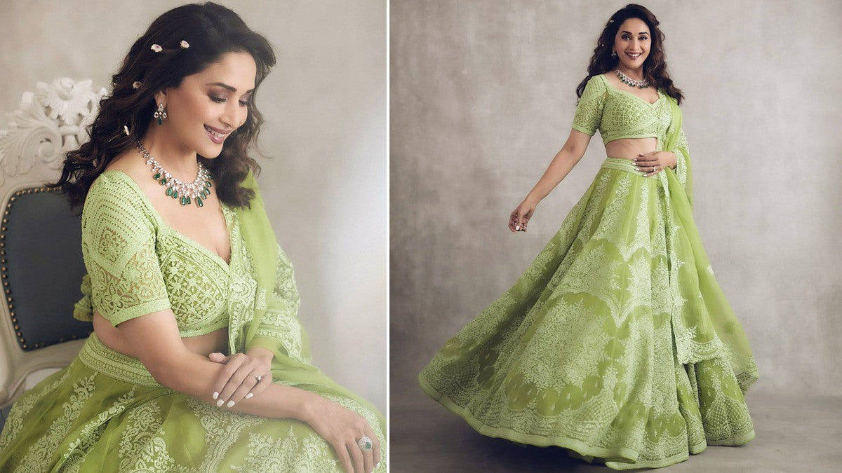Pista green khadi organza silk chain stick jari work lehenga choli