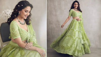 Pista green khadi organza silk chain stick jari work lehenga choli