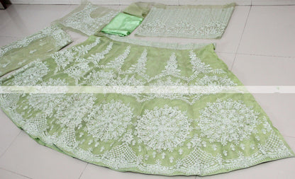 Pista green khadi organza silk chain stick jari work lehenga choli