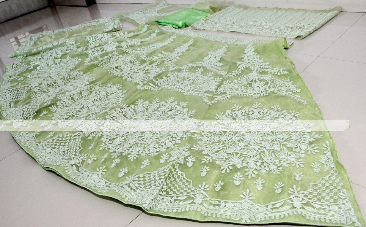 Pista green khadi organza silk chain stick jari work lehenga choli