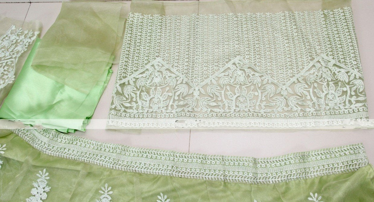 Pista green khadi organza silk chain stick jari work lehenga choli