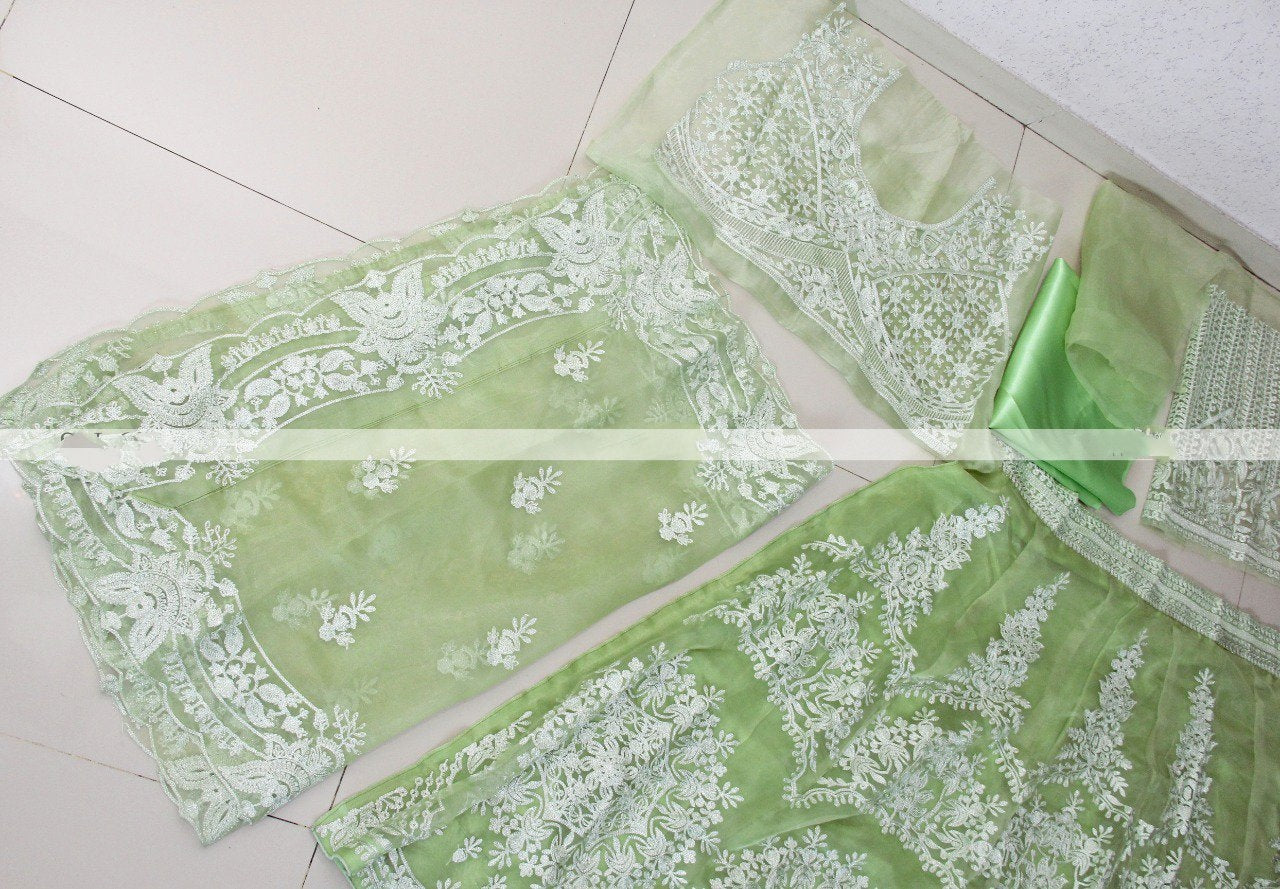 Pista green khadi organza silk chain stick jari work lehenga choli