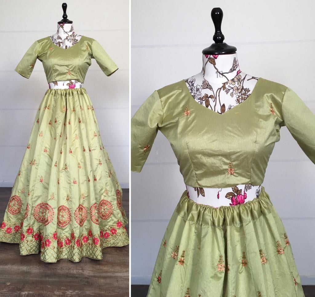 Pista green kitkat silk embroidered stone work lehenga choli