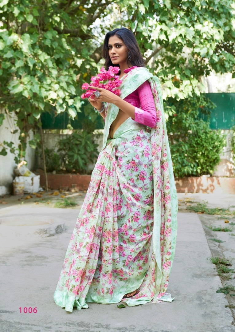 pista green linen silk floral digital printed saree