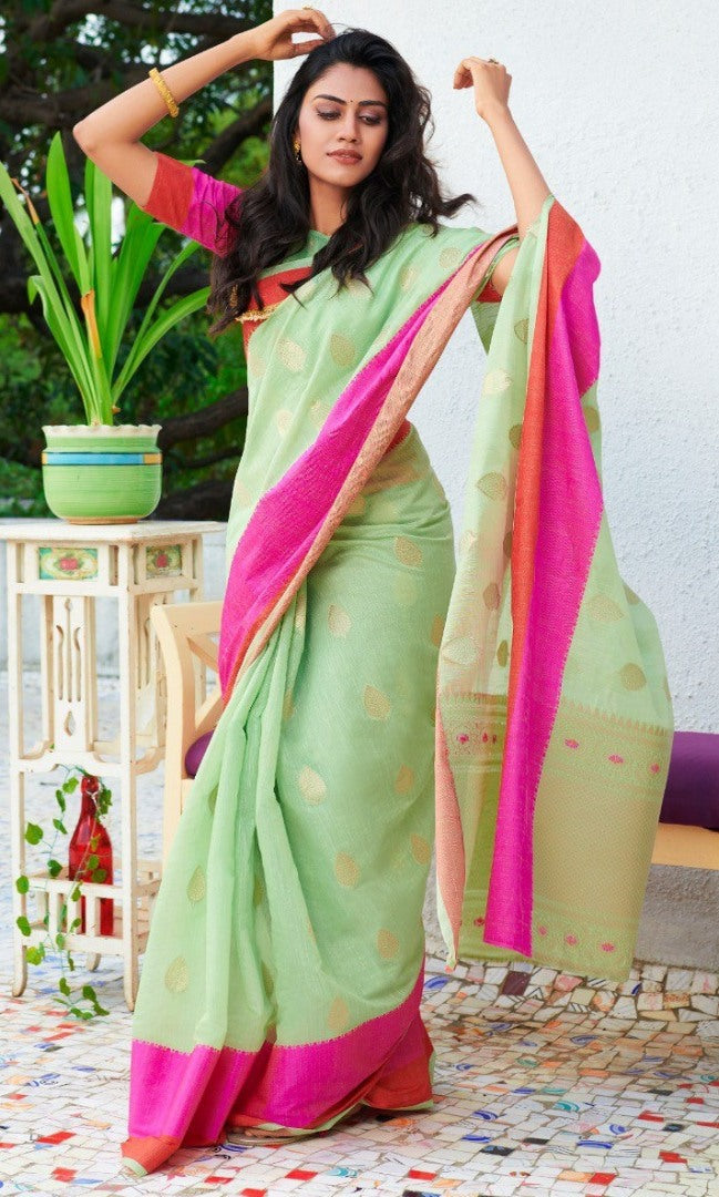 Pista green linen silk pink border casual saree