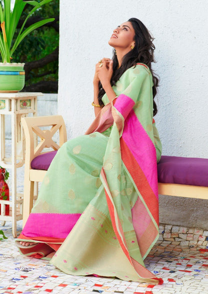 Pista green linen silk pink border casual saree