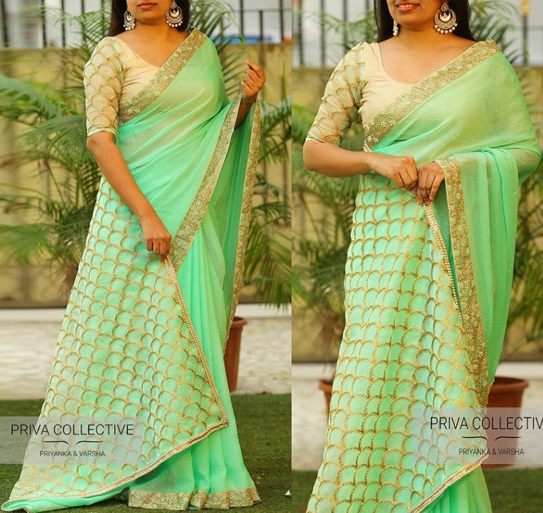 Pista green marbal silk heavy embroidered wedding saree