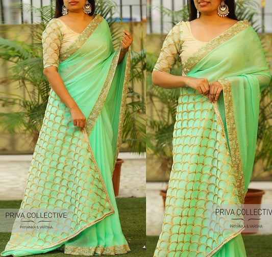 Pista green marbal silk heavy embroidered wedding saree