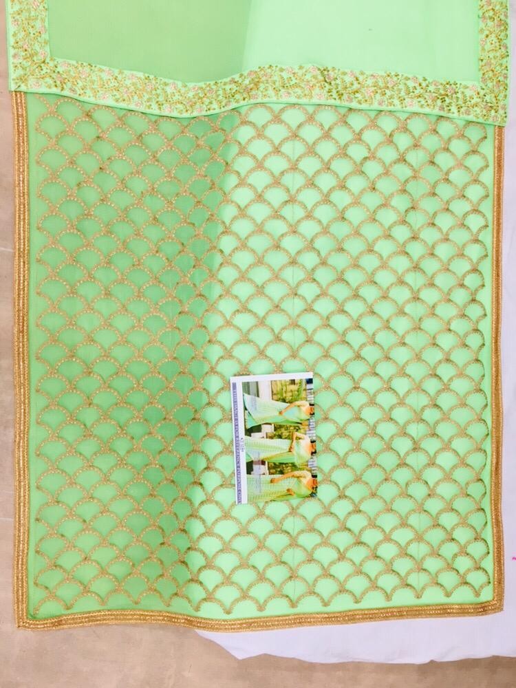 Pista green marbal silk heavy embroidered wedding saree