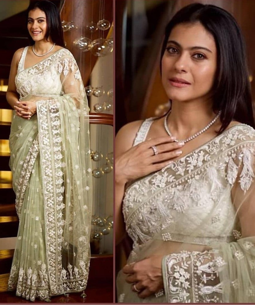 Pista green mono net designer embroidered saree