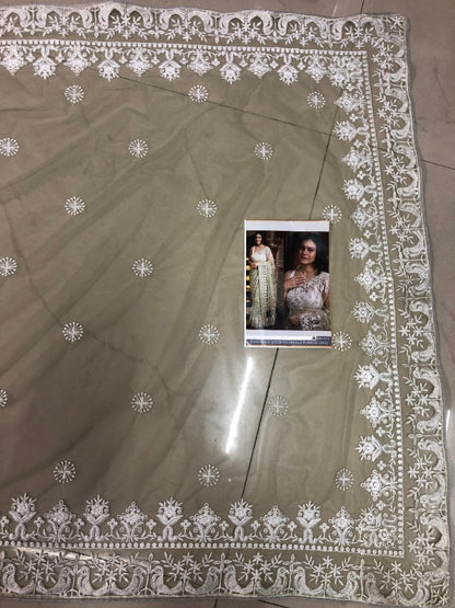 Pista green mono net designer embroidered saree