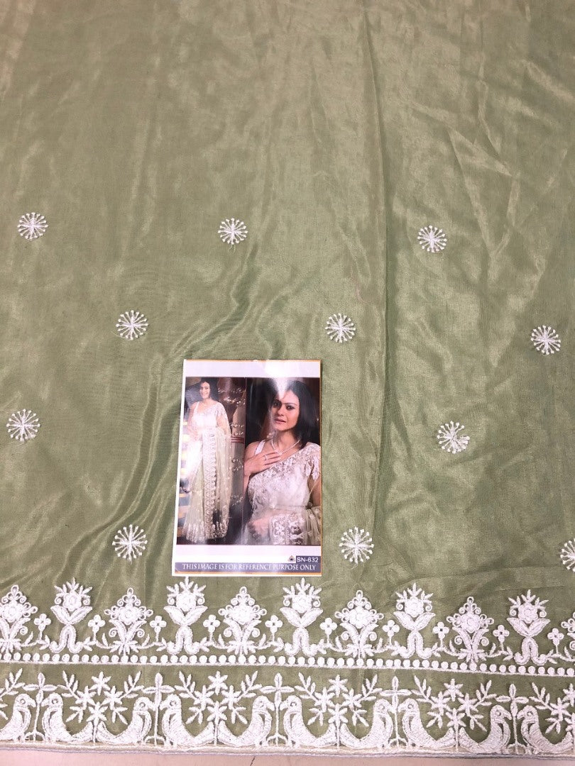 Pista green mono net designer embroidered saree