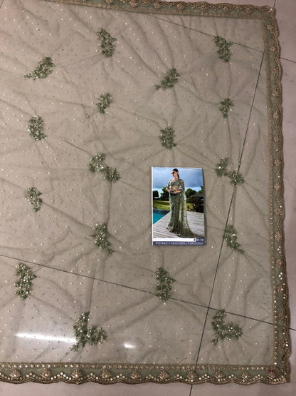 Pista green mono net fancy thread and sequence worked wedding saree