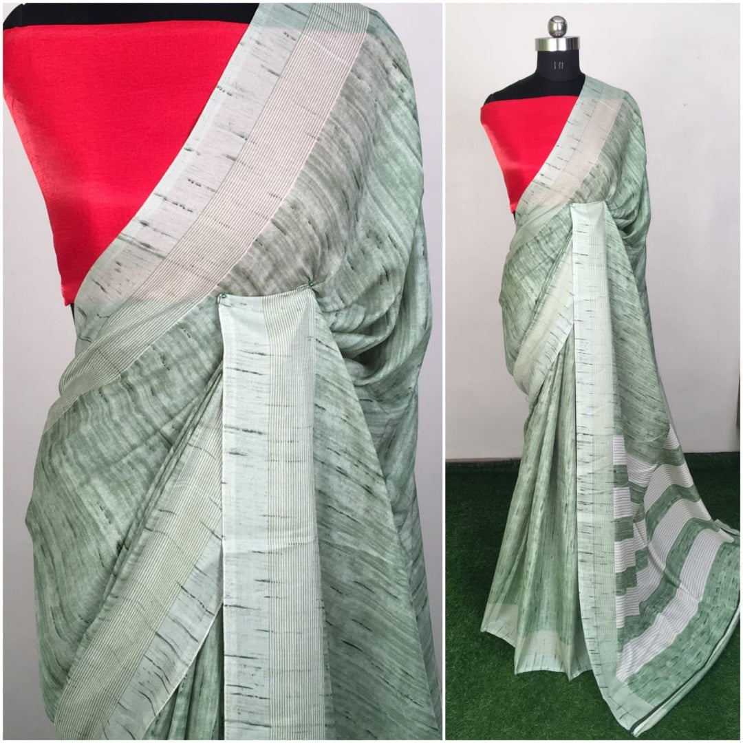 pista green monolisha cotton printed saree