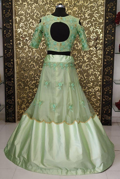 Pista green net and satin fabulous crop top lehenga