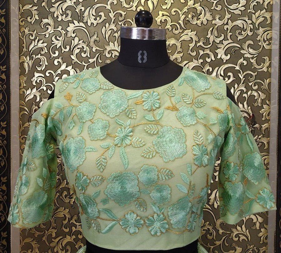 Pista green net and satin fabulous crop top lehenga