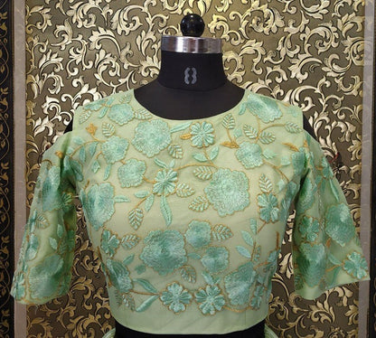 Pista green net and satin fabulous crop top lehenga