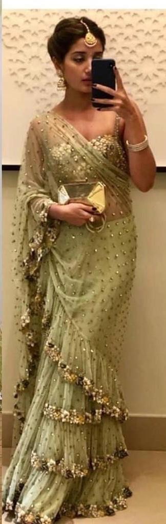 pista green net beautiful embroidered wedding saree