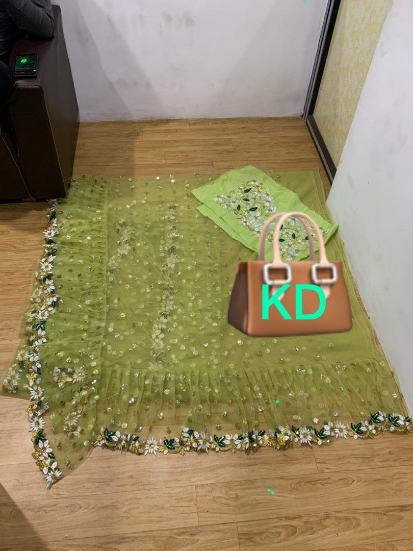 pista green net beautiful embroidered wedding saree