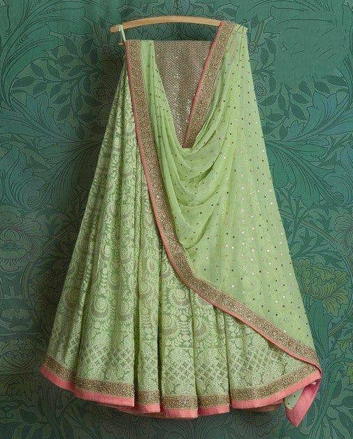 Pista green net chainstitch embroidered lehenga choli