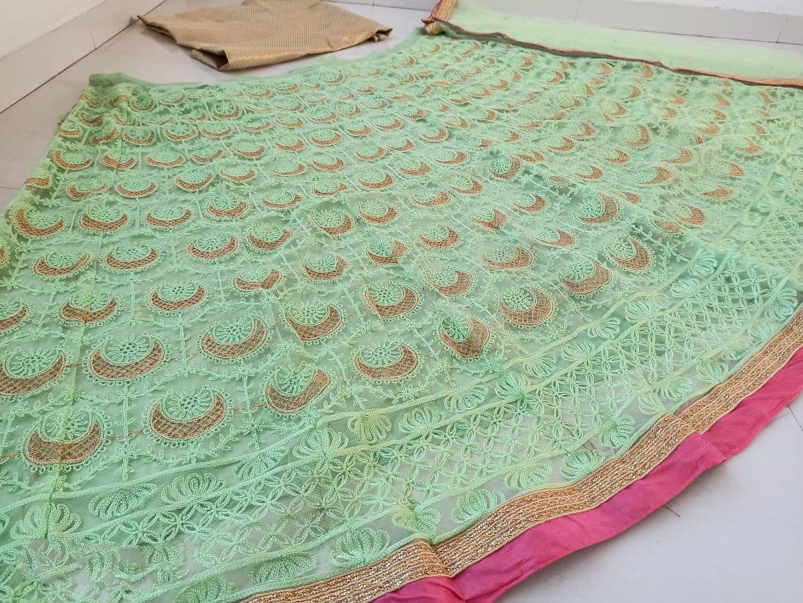 Pista green net chainstitch embroidered lehenga choli