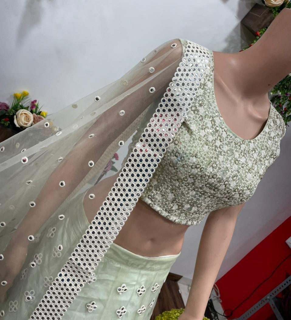 Pista green net embroidered lehenga choli