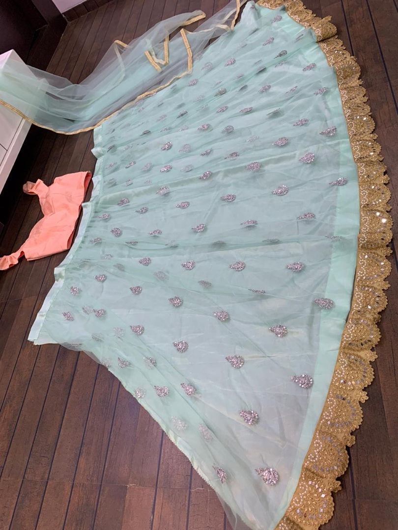 Pista green net embroidery work lehenga choli for ceremony