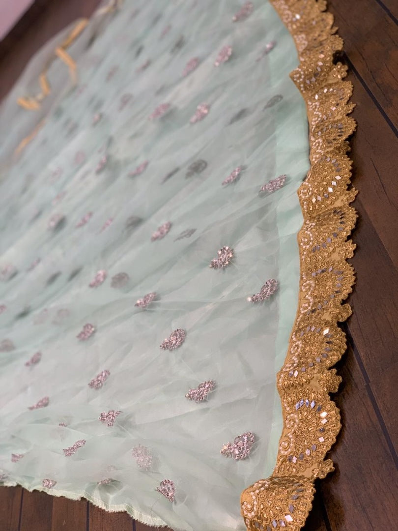 Pista green net embroidery work lehenga choli for ceremony