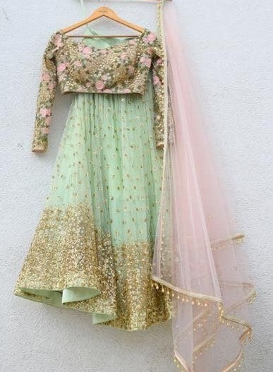 pista green net full sequence work ceremonial lehenga