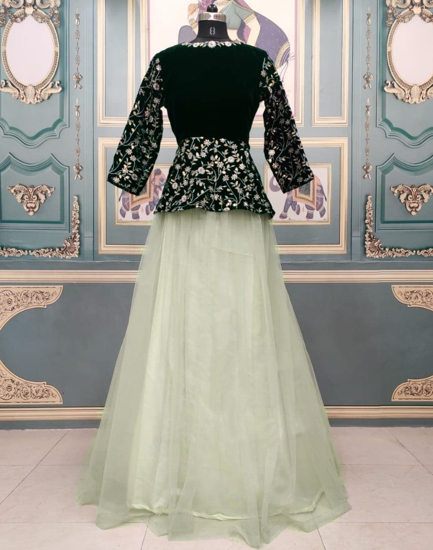 Pista green net lehenga with velvet crop top