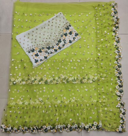 Pista green net multi thread embroidered designer ruffle saree