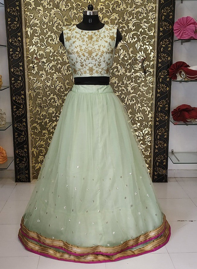 Pista green net sequence work lehenga with embroidered crop top