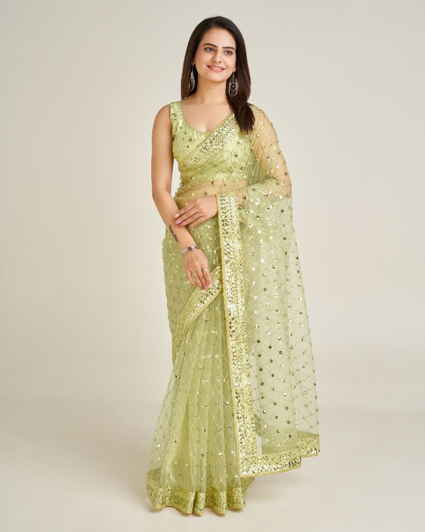 Pista green net sequins dori work wedding saree