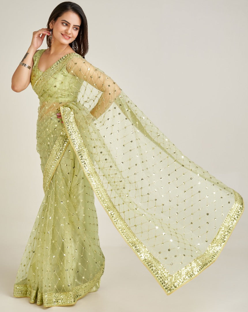 Pista green net sequins dori work wedding saree