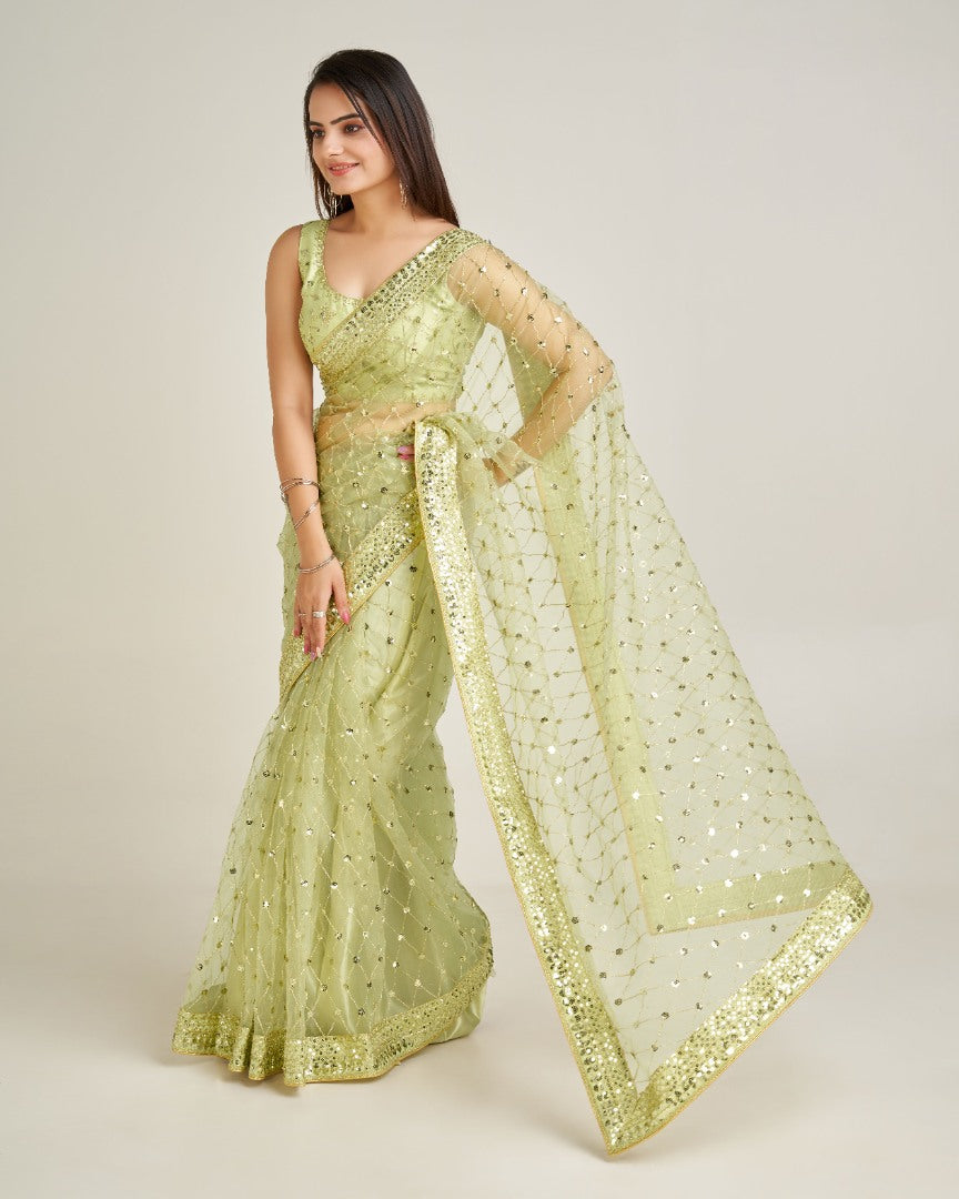 Pista green net sequins dori work wedding saree