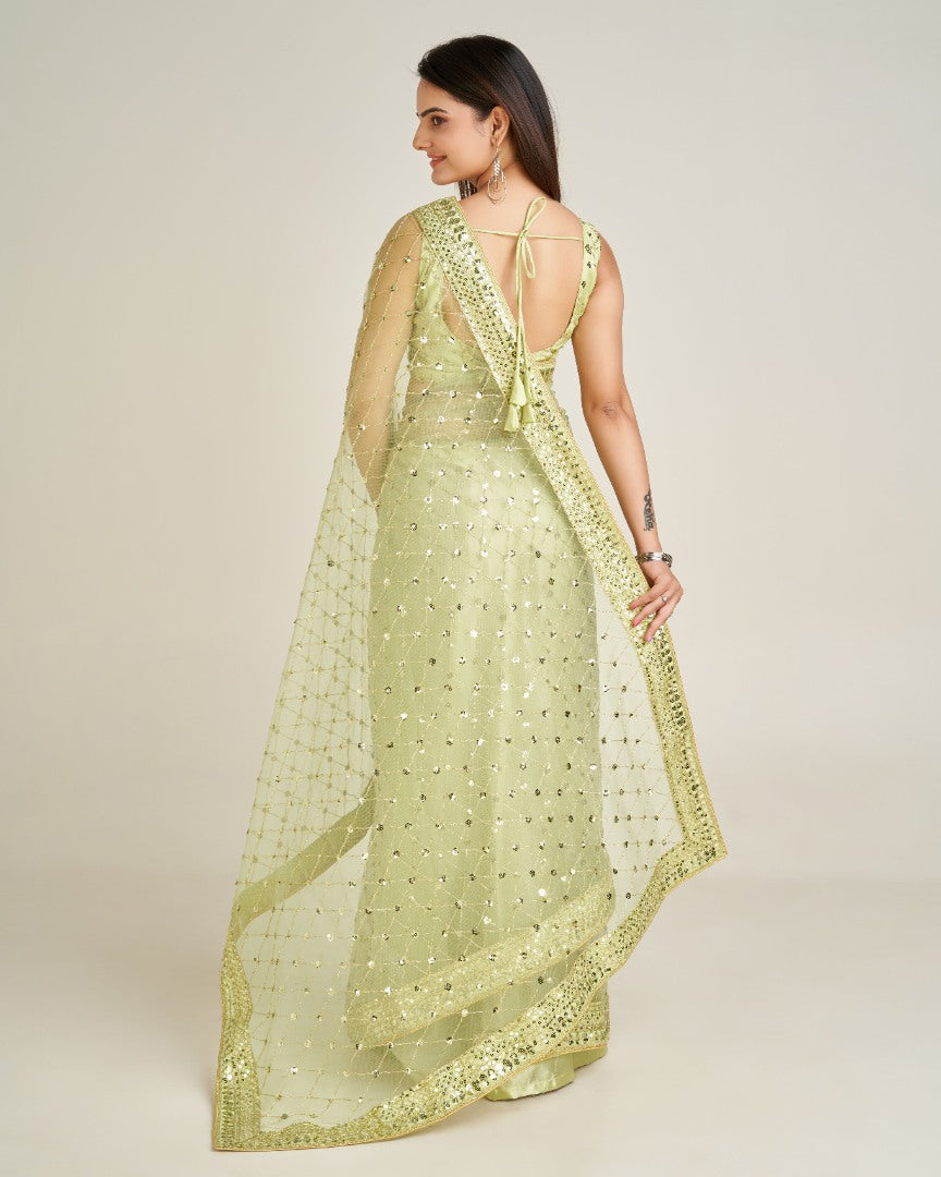 Pista green net sequins dori work wedding saree