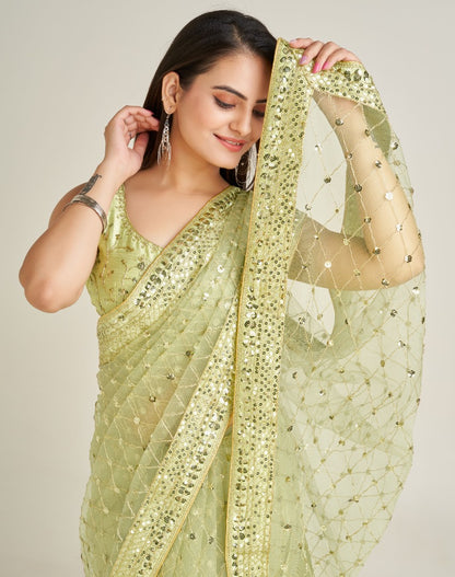 Pista green net sequins dori work wedding saree