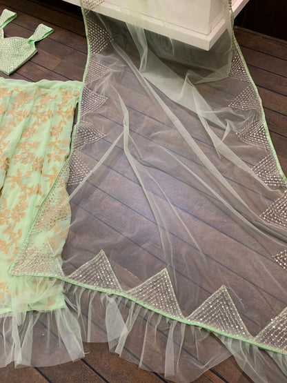 Pista green net thread zari work ruffle border wedding lehenga choli