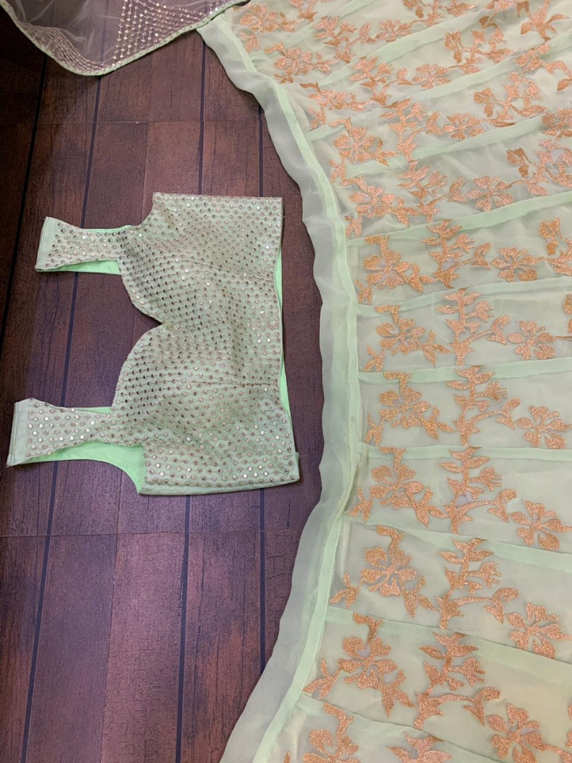 Pista green net thread zari work ruffle border wedding lehenga choli