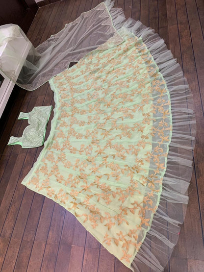 Pista green net thread zari work ruffle border wedding lehenga choli