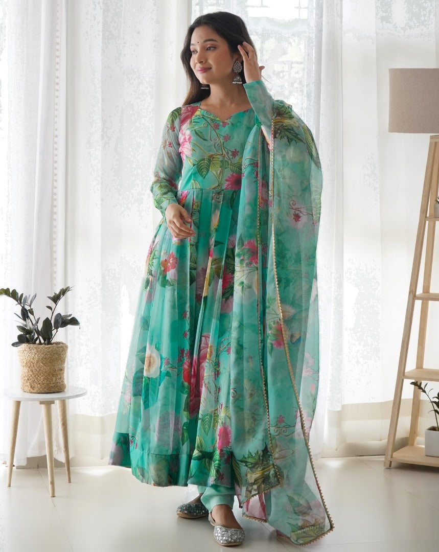 Pista green organza floral printed anarkali suit