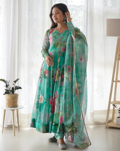 Pista green organza floral printed anarkali suit