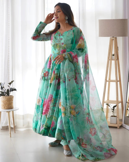 Pista green organza floral printed anarkali suit